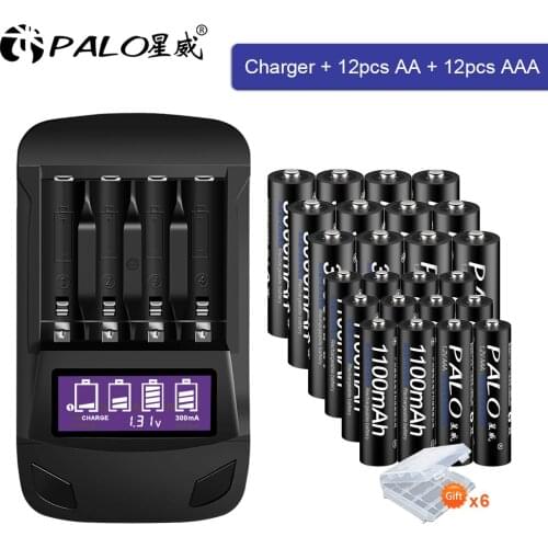 PALO AA battery rechargeable 3000mah 1.2V+rechargeable AAA batteries 1100mah+LCD USB smart AA AAA charger battery charger