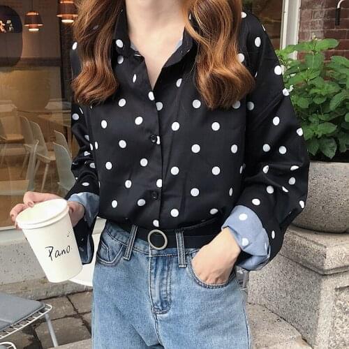 Polka Dot Blouse Women Summer New Female Long Sleeve Loose Long Shirts Korean Style Single Breasted Fashion Full-Match Polo Tops
