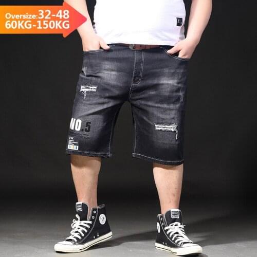Large Size 40 42 44 46 48 Mens Loose Straight Ripped Jeans Shorts Summer New Stretch Knee Length Black Denim Hole Shorts Male