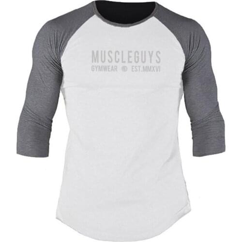Fitness Clothing Mens seven quarter sleeve T shirts men fashion brand letters print T-shirt male stretch cotton Tshirt for men