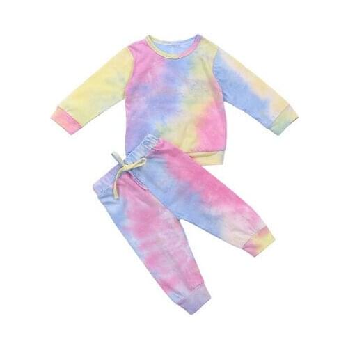 Little Girl’s Clothes Set Cotton Long-sleeved Fresh Tie-dye Round Neck Pullover Top and Elastic Waist Long Pants Casual Outfits