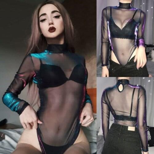 Fashion Shining Long Sleeve Bodysuit Mesh Fishnet Jumpsuit Women Goth Gothic Sexy Body Femme Shirt Top Transparent Blouse New