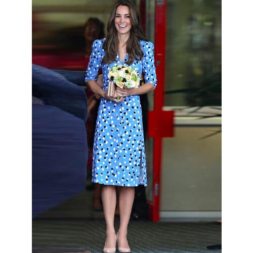 Kate Middleton Fashion Elegance New Summer Women Midi Dress High Quality Party Casual Office Single Breasted Printed Dress