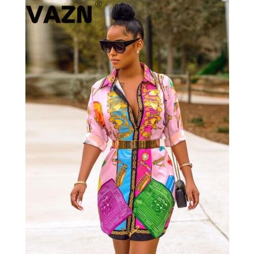 VAZN 2020 Geometric Elements Print Sashes Silk Women Formal Ladies Dress Sexy Shirt Dress Fashion Short Sleeve Dress
