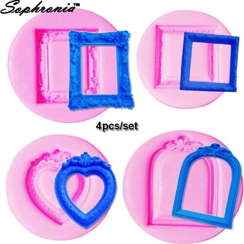 Sophronia 4pcs/set Heart Classical Vintage Mirror Frame Silicone Mold Fondant Cake Mould Cupcake Mold Chocolate C111