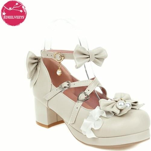 Women Mary Janes Cute Lolita Shoes Classics Ladies Block High Heels Ankle Strap Dress Pumps Bow Lace Round Toe with Pearl 2021
