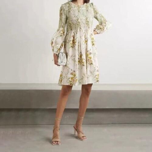 Vintage Designer Women Print Dress Elegant Long Sleeve Pleated Dresses H8128