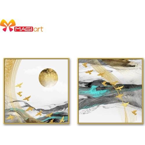 Cross stitch kits Embroidery needlework sets 11CT water soluble canvas patterns 14CT Abstract Painting Golden Bird-NCMC036