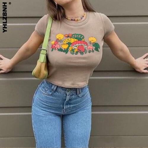 YHLZBNH Indie Aesthetics Mushroom Pattern Baby Tees Y2K Streetwear O-neck Short Sleeve Kawaii Crop Tops 90s Fashion T-shirts