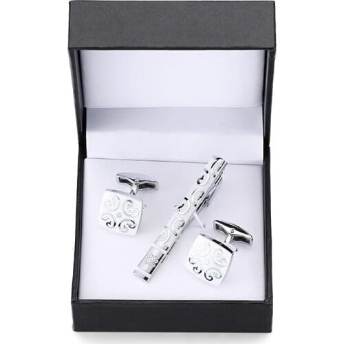 DY A set white square silvery tie clip pattern Cufflinks square box black men French shirt Cufflinks Suit Tie Clip Free Shipping