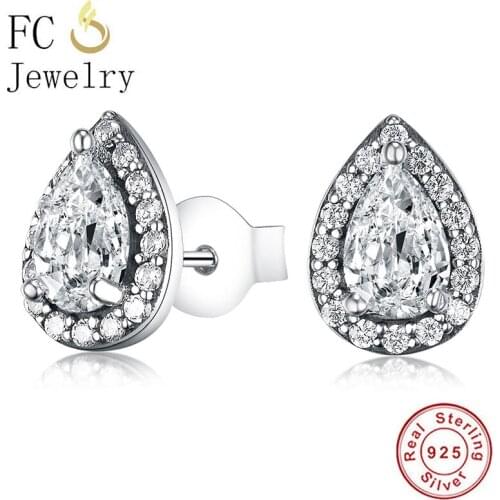 FC Jewelry 925 Sterling Silver Teardrop Pave Zirconia Stone Stud Earrings For Women Brincos Prevent Allergy Piercing Pendientes