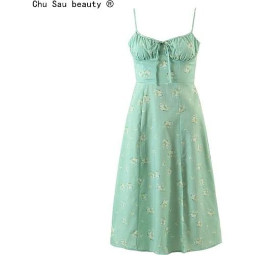 2021 Summer New Womens Sexy Fashion Floral Print Folds Lace Mid-Waist Split Strap Midi Dress