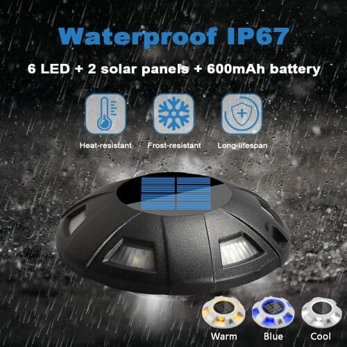 1Pc 6 LEDs Solar Deck Light Outdoor Driveway Security IP67 Weatherproof Required Garden Pathway Warm White Cold White Blue