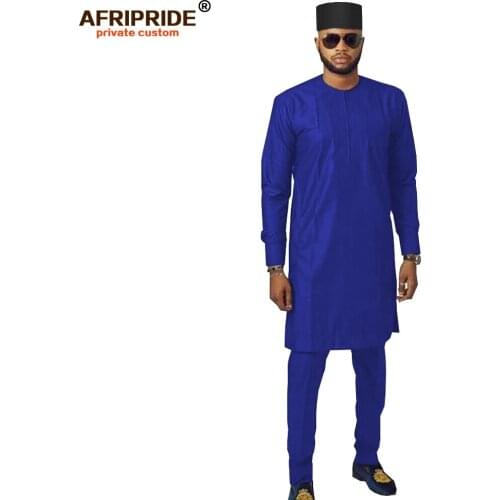 2019 Men`s Triditional Clothing Set African Dashiki Long Sleeve Coats Ankara Pants+Tribal Hat Pockets Suit AFRIPRIDE A1916015