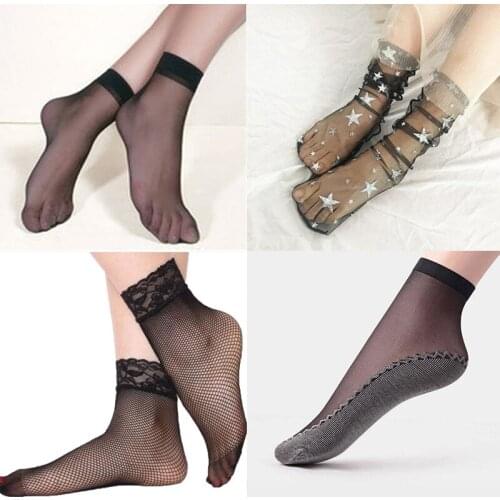 3/5/20 Pairs Women Girl Short Socks Set Female Transparent Summer Crystal Sox Mesh Thin Fishnet Shallow Mouth Breathable Sock