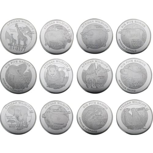 African Wild Protected Animals Sliver Commemorative Coins Zambia Kwacha Souvenir Coins Elephant Lion Buffalo Challenge Coin Gift
