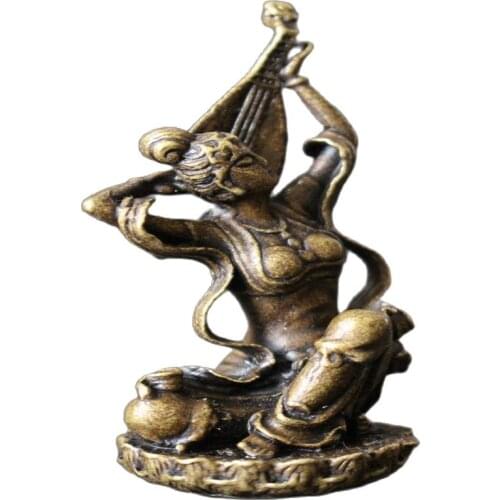 Antique copper, pure copper figure ornament, rebound lute, female carved brass table decoration