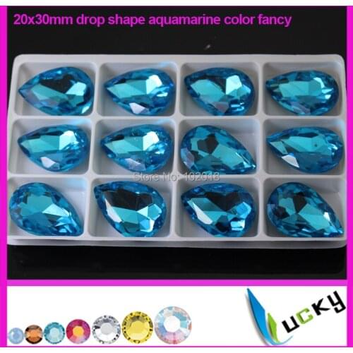 Free shipping wholesale pointed back rhinestones! 36pcs 20x30mm Aquamarine color fat drop shape crystal for jewelry making