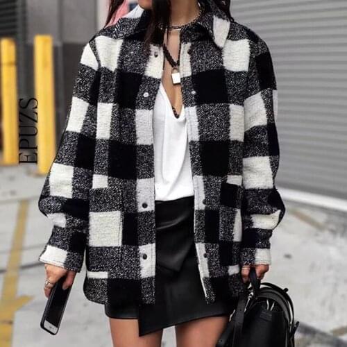 Vintage women elegant plaid jackets winter fashion ladies patchwork coats female thick woolen jacket girls oversize outfit
