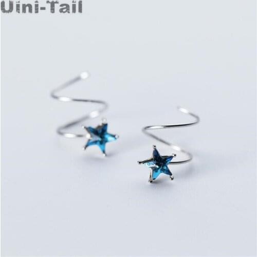 Uini-Tail Hot-selling New Product 925 sterling Silver Individual Literary Wave Small Clean Deep Blue Pentagonal Earrings GN454