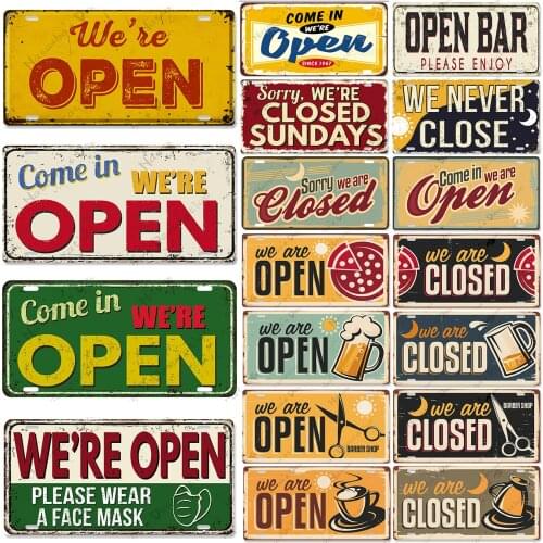 OPEN And CLOSE Wall Plate Metal Signs Vintage Poster Metal Plaque Club Bar Home Cafe Wall Decor Signs Industrial Decoration