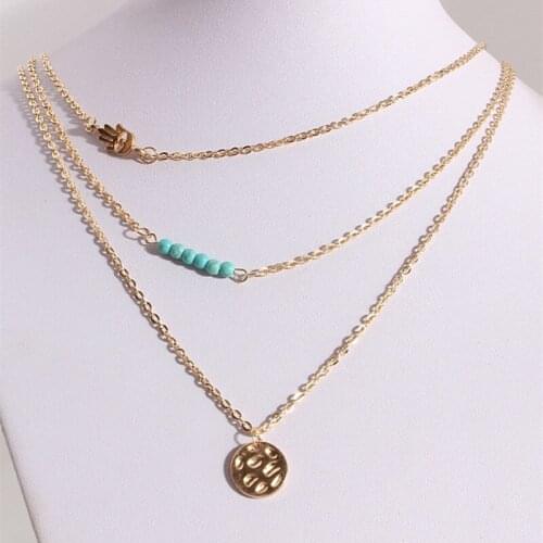Fashion 3 multi layer palm necklaces jewelry for women bohemian blue stone choker necklaces & pendants collier femme accessories