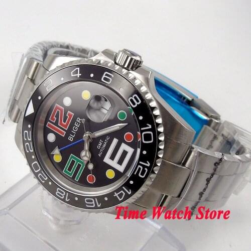 Bliger 40mm black dial date colorful marks saphire glass black Ceramic Bezel GMT Automatic movement Mens watch b62