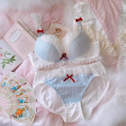 Girl underwear cute sexy bow blue striped lace with steel ring lingerie panty push up bra set large size sweet my melody