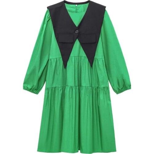 XUXI 2021 Early Autumn New Temperament Dress Women Green Fake-Two Piece Design High Cold Model Female Dresses E2867