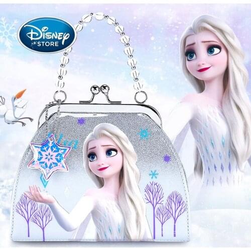 New Disney Elsa Princess Girl Handbag Child Cute Cartoon Frozen 2 PU Leather Girl Diagonal Bag Mini Storage Mobile Phone Bags
