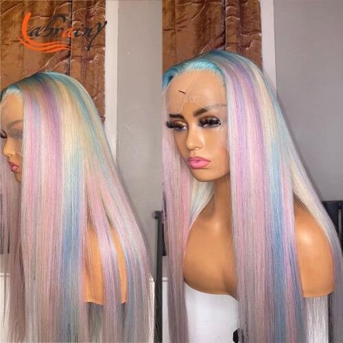 Highlight Rainbow HD Transparent Straight Lace Frontal Human Hair Wigs Pink Colored Remy Wig Pre Plucked Bleached Knots 13x6x1