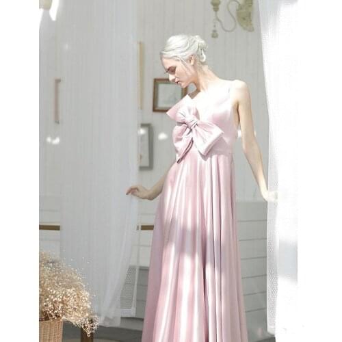Attractive Designer Evening Gowns Thin Spaghetti Straps Satin Pink A-Line Elegant Evening Dresses with Big Bow Cocktail Dresses