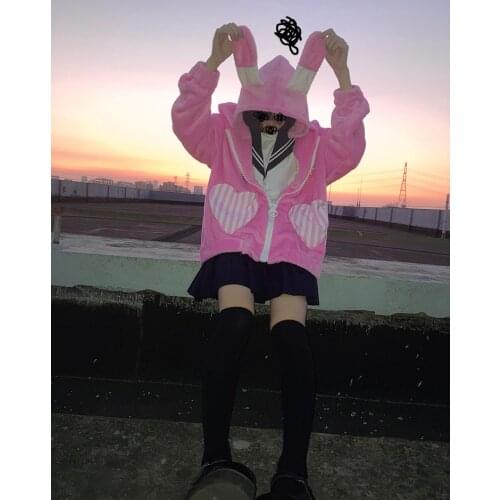 Ruibbit New Arrival Japanese Hot Girl Harajuku Flannel Loose Zipper Pink Rabbit Ears Sweet Coat Sweatshirt Hoodies Women
