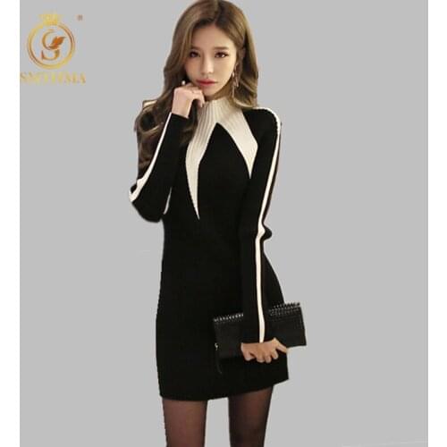 SMTHMA 2021 Black Sexy Knitted Dress Women Slim Casual Autumn Winter Long Sleeve High Waist Patchwork Sweater Dresses Vestidos