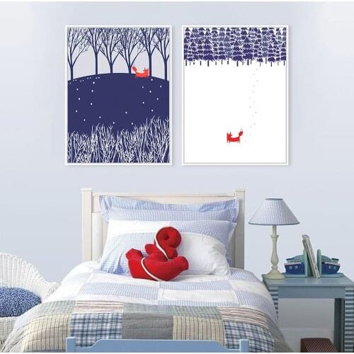 Modern Minimalist Forest Animal Canvas Painting Snow Red Fox Poster Living Room Childrens Room Wall Art Decoration Pictures
