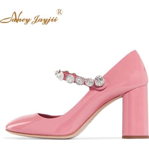 Genuine Leather Mary Janes Women Pumps Sexy Fashion Crystal Office Career Square Heel Patent Leather Female Size 45 47 Round Toe