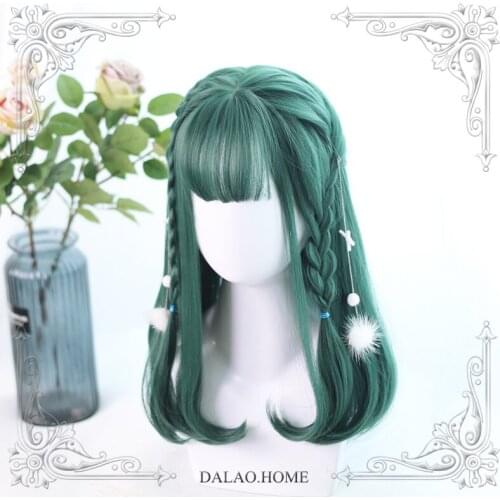 High Quality Harajuku Soft Girl Lolita Cheryl 40Cm+ Bangs Atrovirens Wig Costume Party