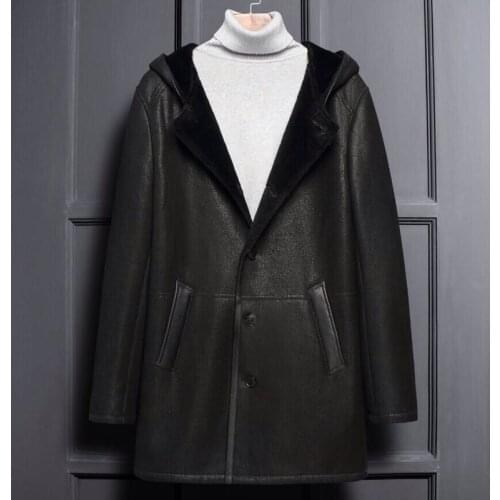 Factory 2020 New Men Blacke Hooded Shearling Jacket Casual Long Style Genuine Sheepskin Wool Fur Cold Winter Russia Coats