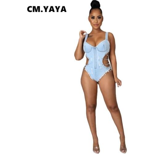 CM.YAYA Women Swimsuit Denim Solid Sleeveless Chain Hollow Out Ziopper Stretchy Bodysuits Sexy Fashion Beachwear Summer Outfits