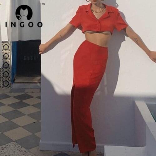 INGOO Retro Suit Skirt Set Women Solid Casual Single Breasted Blouse Sexy Hot Girl High Waist Slit Long Skirt Fashion Streetwear