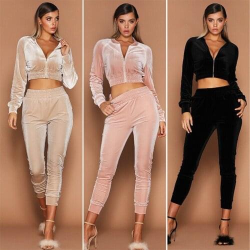2019 Autumn Tracksuit Womens Elegant Long Sleeve Zipper Short Crop Tops Elasic High Waist Pants Two Piece Set Office Lady Suit