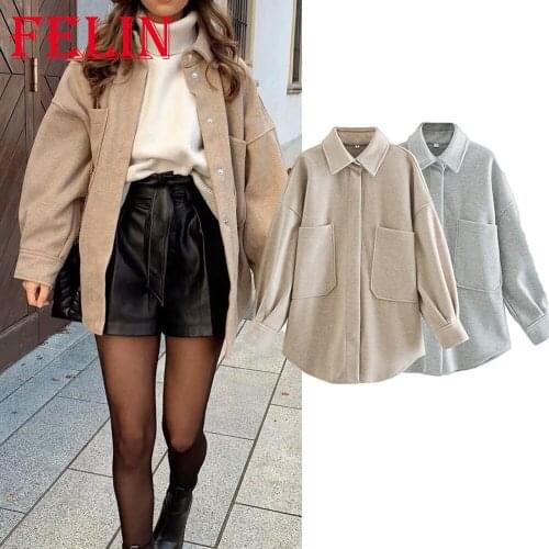 Za 2021 Chic Champagne Gray Women Elegant Loose Woolen Jacket Big Pockets Warm Female Outwear Long Sleeve Casual Blazer