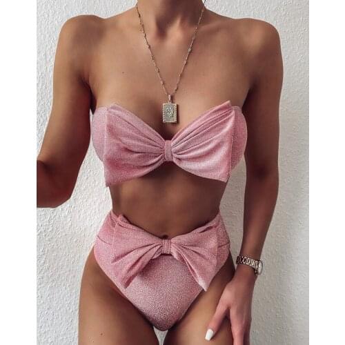 2020 Summer Women Personalized Bright Wire Bowknot Bikini Sexy High Waist Solid Color Sexy Backless Bikini Swimwear Beachwear