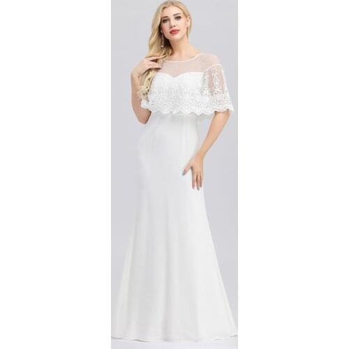 O-Neck Evening Dress Embroidery Half Sleeves Simple Pleat Mermaid Fashion White Floor-Length Plus Size Women Formal Gowns D954