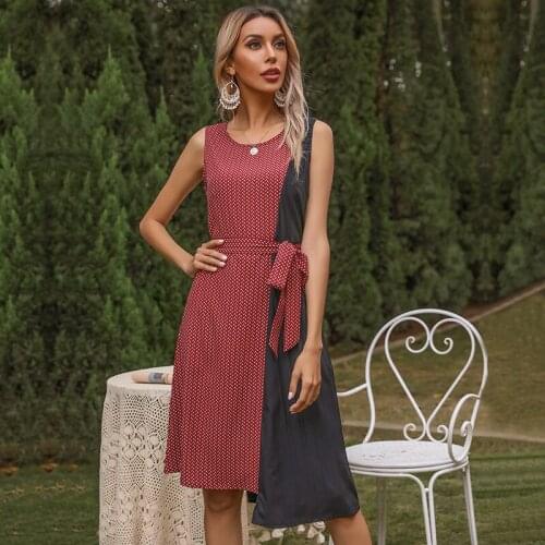 2021New Elegant Summer Dress Women O-Neck Sleeveless Asymmetrical Patchwork Ladies Party Dress Sashes