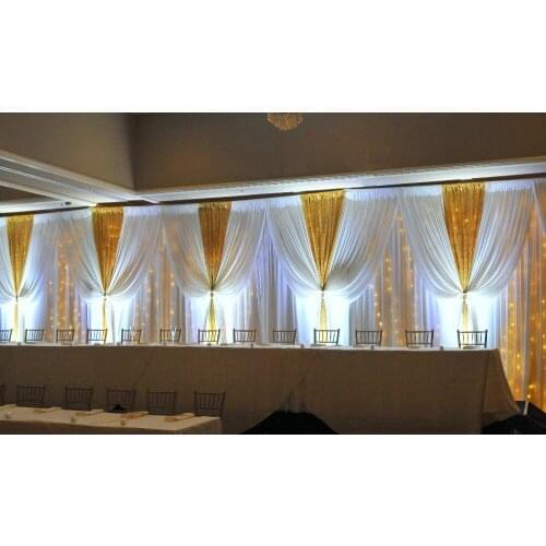 3M x 9M White with Gold Wedding Drapes Stage Curtain Backdrop Event Decoration