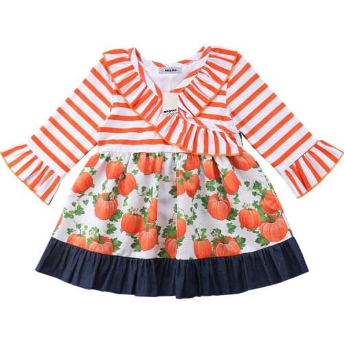 Halloween Kids Girls Pumpkin dress Splicing Dress Baby V collar stripe Dresses 1-5T