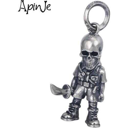Apinje Thai Silver Skull Pendant for Men Women S925 Sterling Silver Skull Soldier Pendants Gothic Jewelry