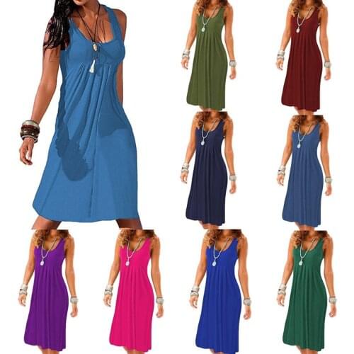 Summer Ladies Refreshing Polyester Dress Sleeveless Round Neck Beach Casual