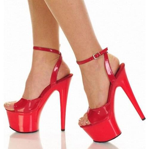 Summer Concise Elegant Patent leather Thick platform Big Size Sandals 7 inches Super High heeled shoes 17CM Open Toe Dress Party